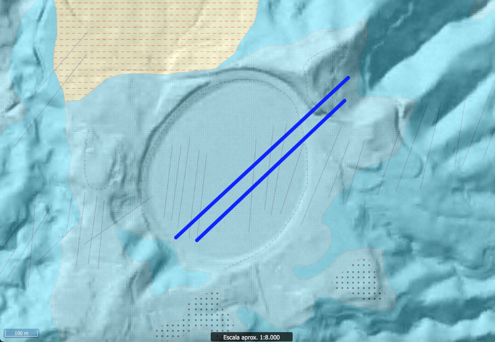 Disposición de los dos diques sentido E-NE cortados por la Galería Girineldos bajo el cráter de La Laguna